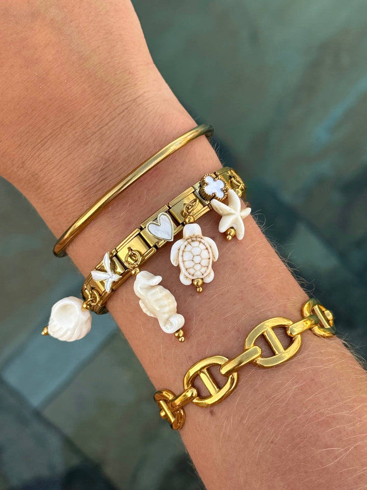 Bracelet Costa Bianca, pack bracelet charm italien en acier inoxydable doré et charms céramique émaillée blanche