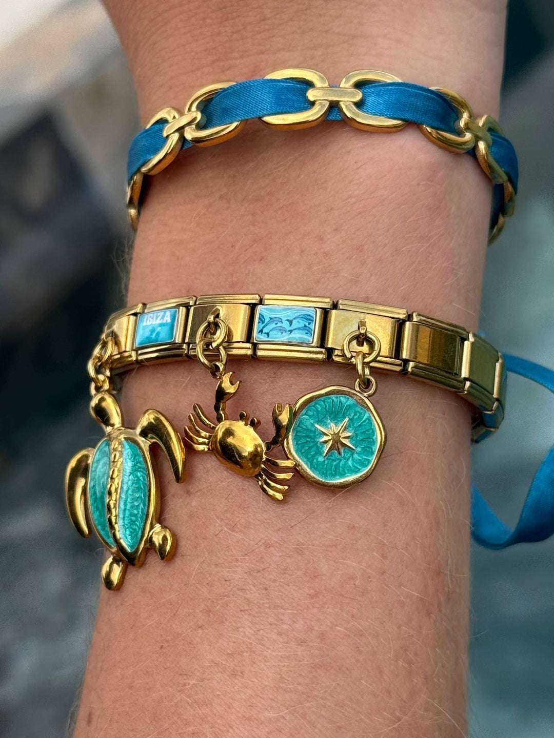 Bracelet Côte Turquoise et ruban satin bleu assorti, pack bracelet charm italien
