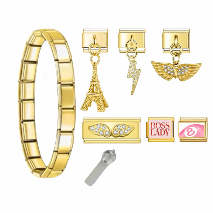 Bracelet Pink Paris et ruban satin rose assorti, pack bracelet charm italien