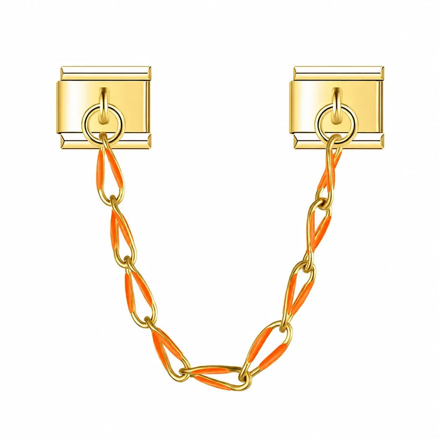 Charm chaîne dorée à maillons ovales émail orange vif, acier inoxydable, bracelet charm italien
