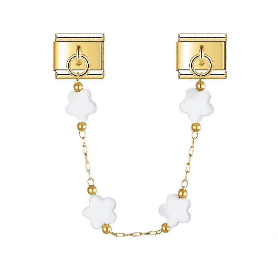 Charm double maillon doré avec chaine pendentif fleurs blanches et perles dorées, acier inoxydable, bracelet charm italien