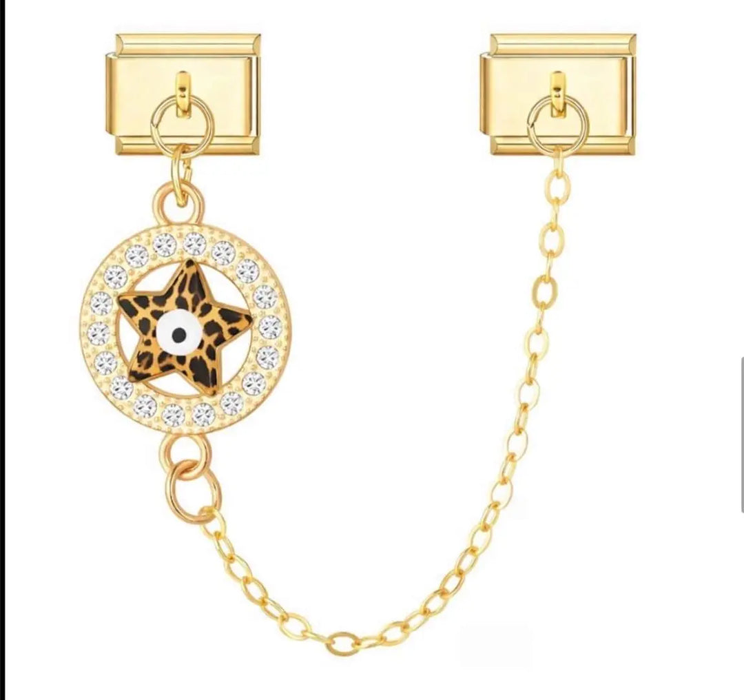 Charm pendentif étoile léopard brun et noir sur médaillon doré pavé de cristaux avec œil mystique, acier inoxydable, bracelet charm italien