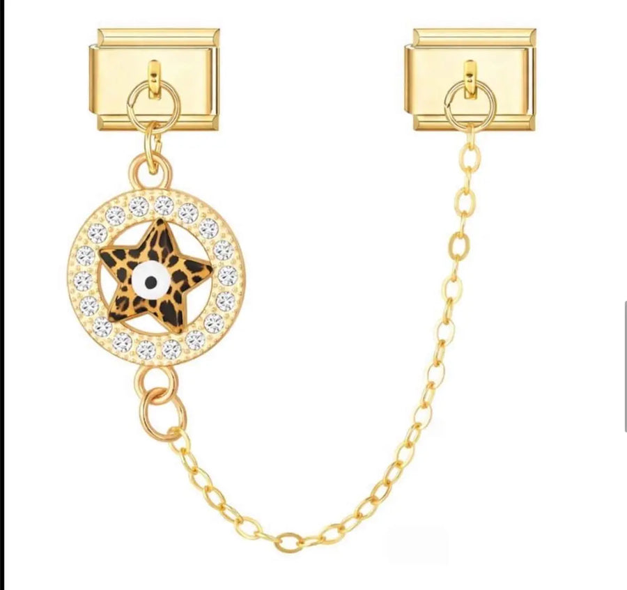 Charm pendentif étoile léopard brun et noir sur médaillon doré pavé de cristaux avec œil mystique, acier inoxydable, bracelet charm italien