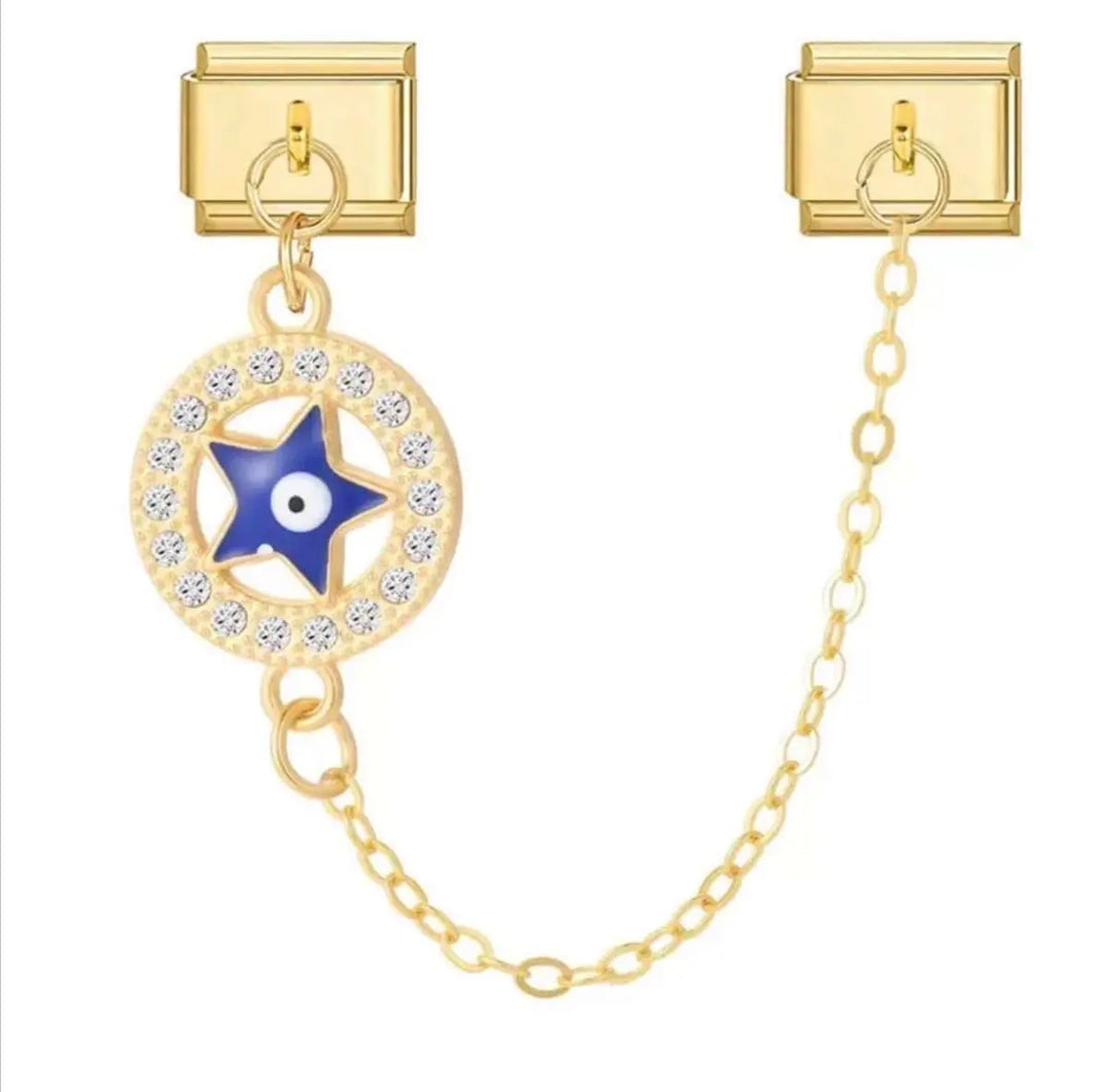 Charm pendentif double-maillon doré avec médaillon circulaire strass et étoile émail bleu cobalt evil eye, acier inoxydable, bracelet charm italien