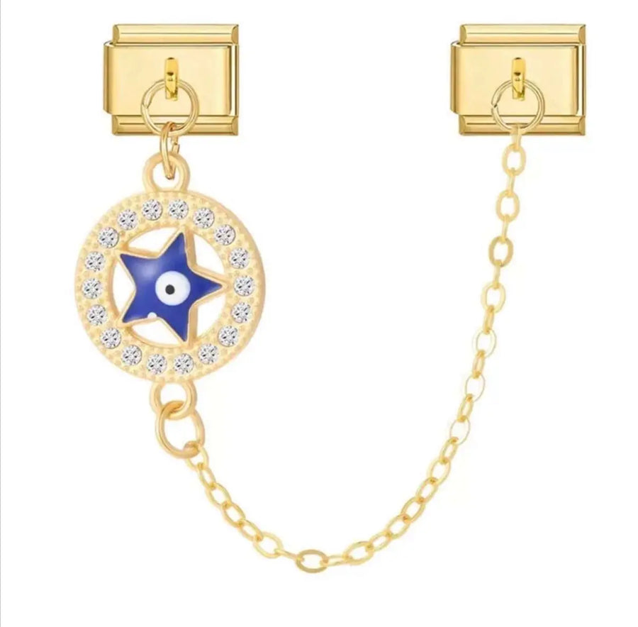 Charm pendentif double-maillon doré avec médaillon circulaire strass et étoile émail bleu cobalt evil eye, acier inoxydable, bracelet charm italien