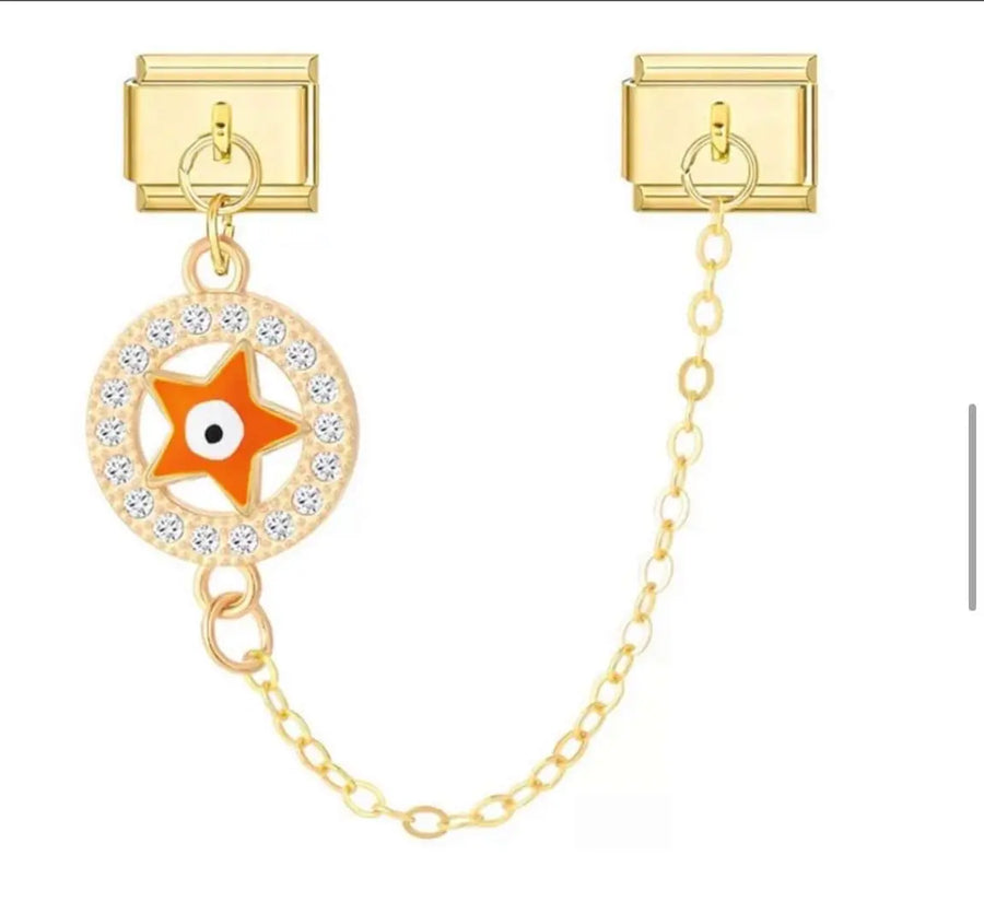 Charm pendentif étoile orange et mauvais œil sur médaillon doré serti de strass, deux maillons reliés par chaîne, acier inoxydable, bracelet charm italien