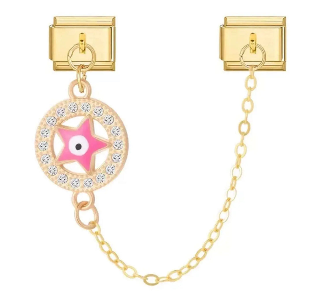 Charm pendentif médaillon rond rose doré étoile émaillée rose et œil mauvais œil cristaux blancs acier inoxydable bracelet charm italien