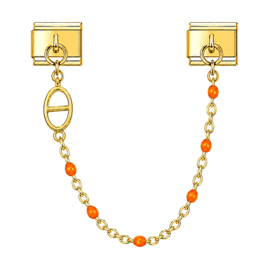 Charm chaîne maille marine dorée à perles émaillées orange, motif ovale ajouré chaîne d'ancre, acier inoxydable, bracelet charm italien