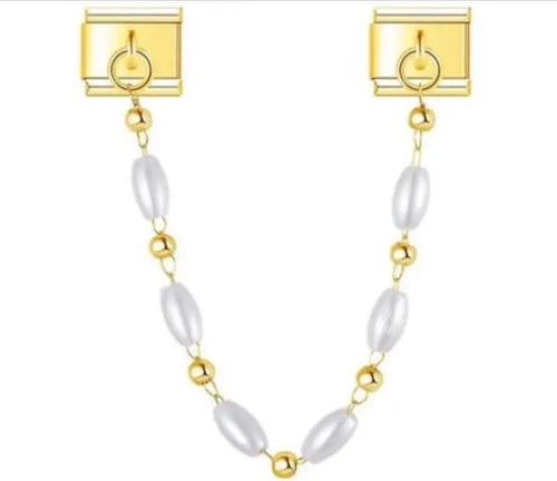 Charm pendentif chaîne perles nacrées blanches et billes dorées en acier inoxydable pour bracelet charm italien
