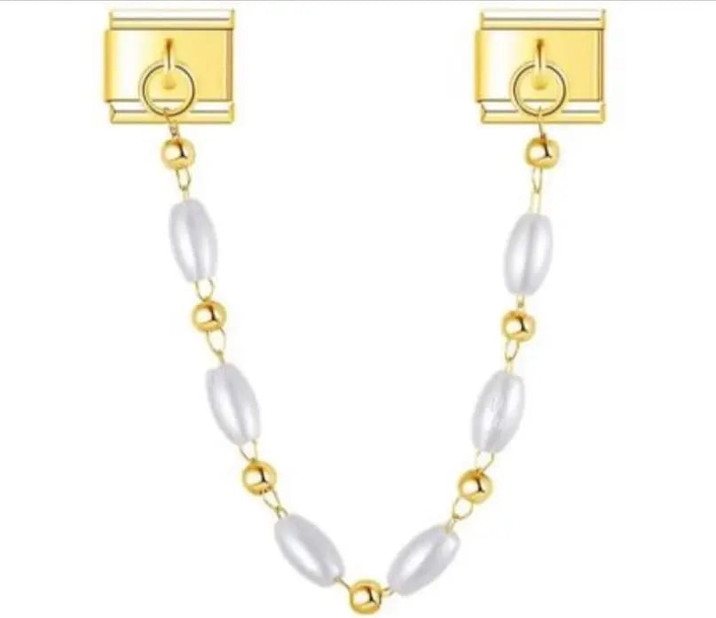 Charm pendentif chaîne perles nacrées blanches et billes dorées en acier inoxydable pour bracelet charm italien