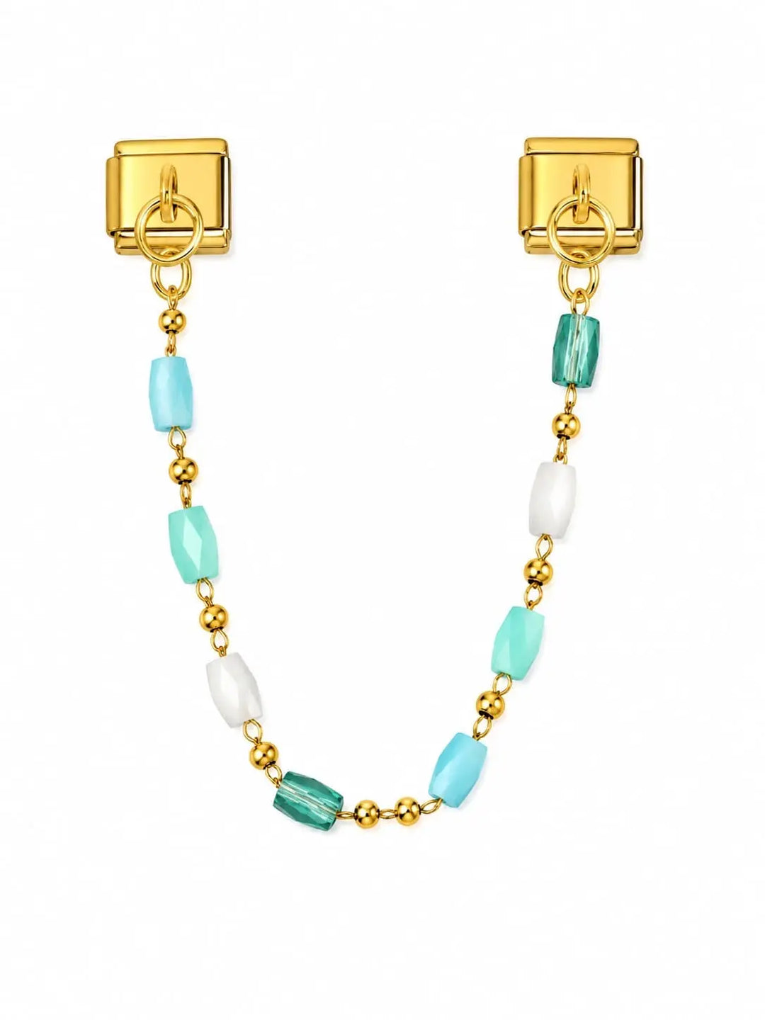 Charm pendentif double-maillon doré avec chaîne de perles facettées turquoise, menthe et blanc nacré, acier inoxydable, bracelet charm italien