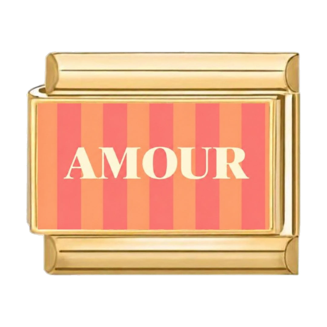 Charm maillon doré mot AMOUR en lettres crème sur fond rayé corail et orange, acier inoxydable, bracelet charm italien