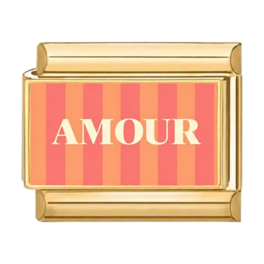 Charm maillon doré mot AMOUR en lettres crème sur fond rayé corail et orange, acier inoxydable, bracelet charm italien