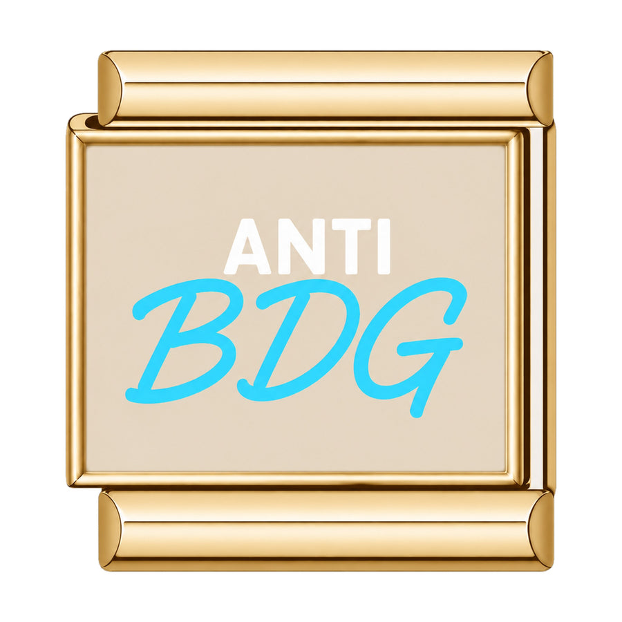 Charm maillon doré message ANTI BDG, lettres blanches et bleu turquoise, acier inoxydable, bracelet charm italien