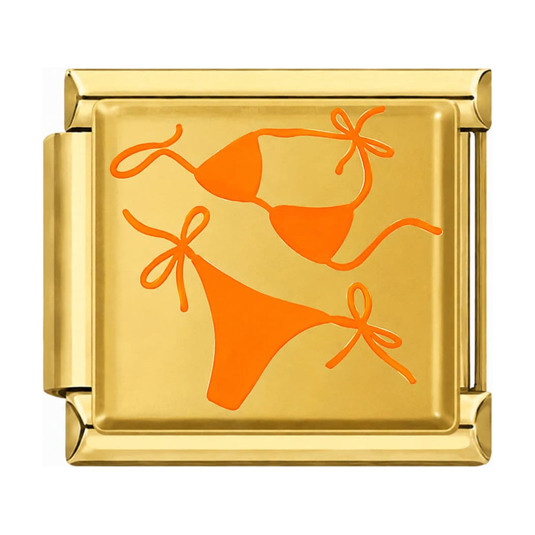 Charm maillon doré motif bikini orange en fines lignes, acier inoxydable, bracelet charm italien