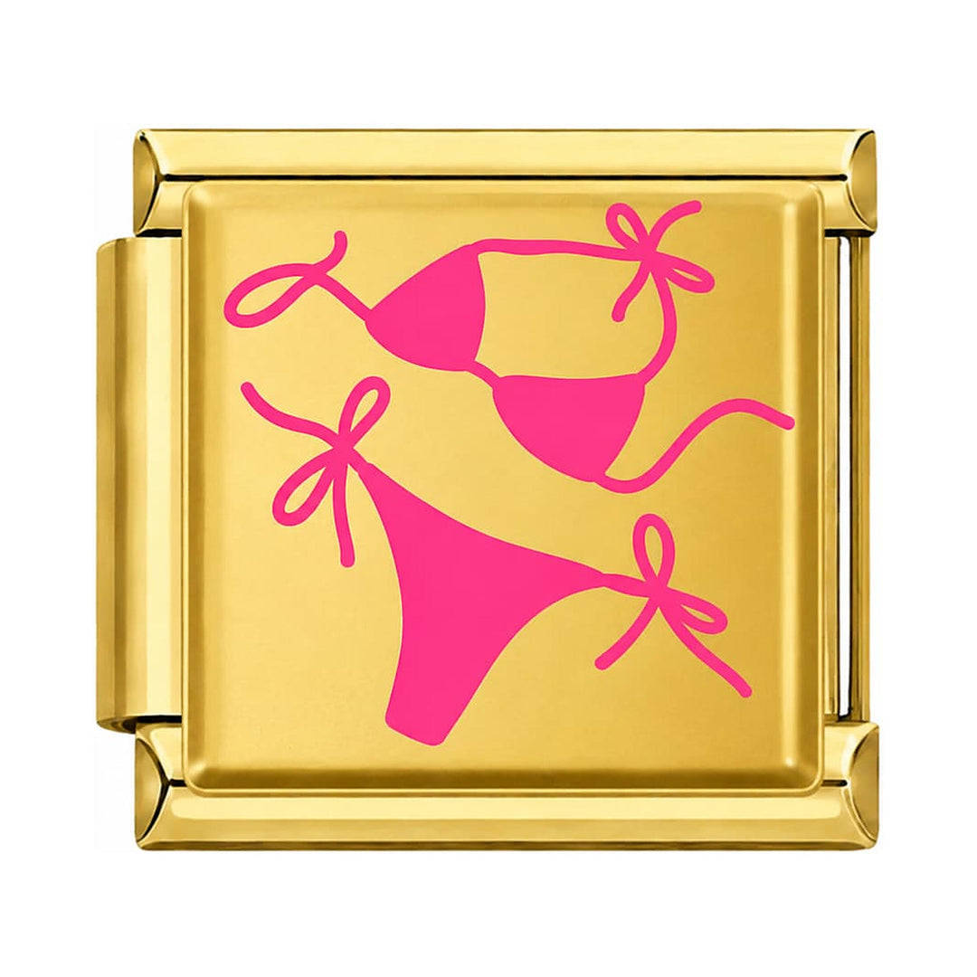 Charm maillon doré motif bikini rose fuchsia en fines lignes, acier inoxydable, bracelet charm italien