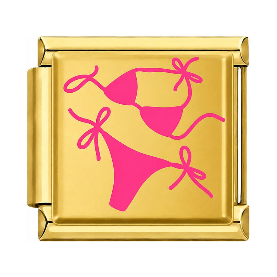 Charm maillon doré motif bikini rose fuchsia en fines lignes, acier inoxydable, bracelet charm italien