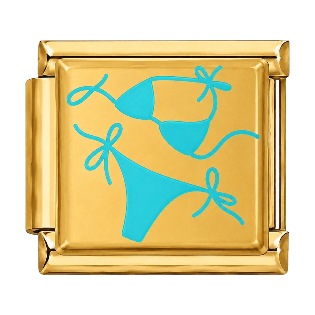 Charm maillon doré motif bikini turquoise en lignes, acier inoxydable, bracelet charm italien