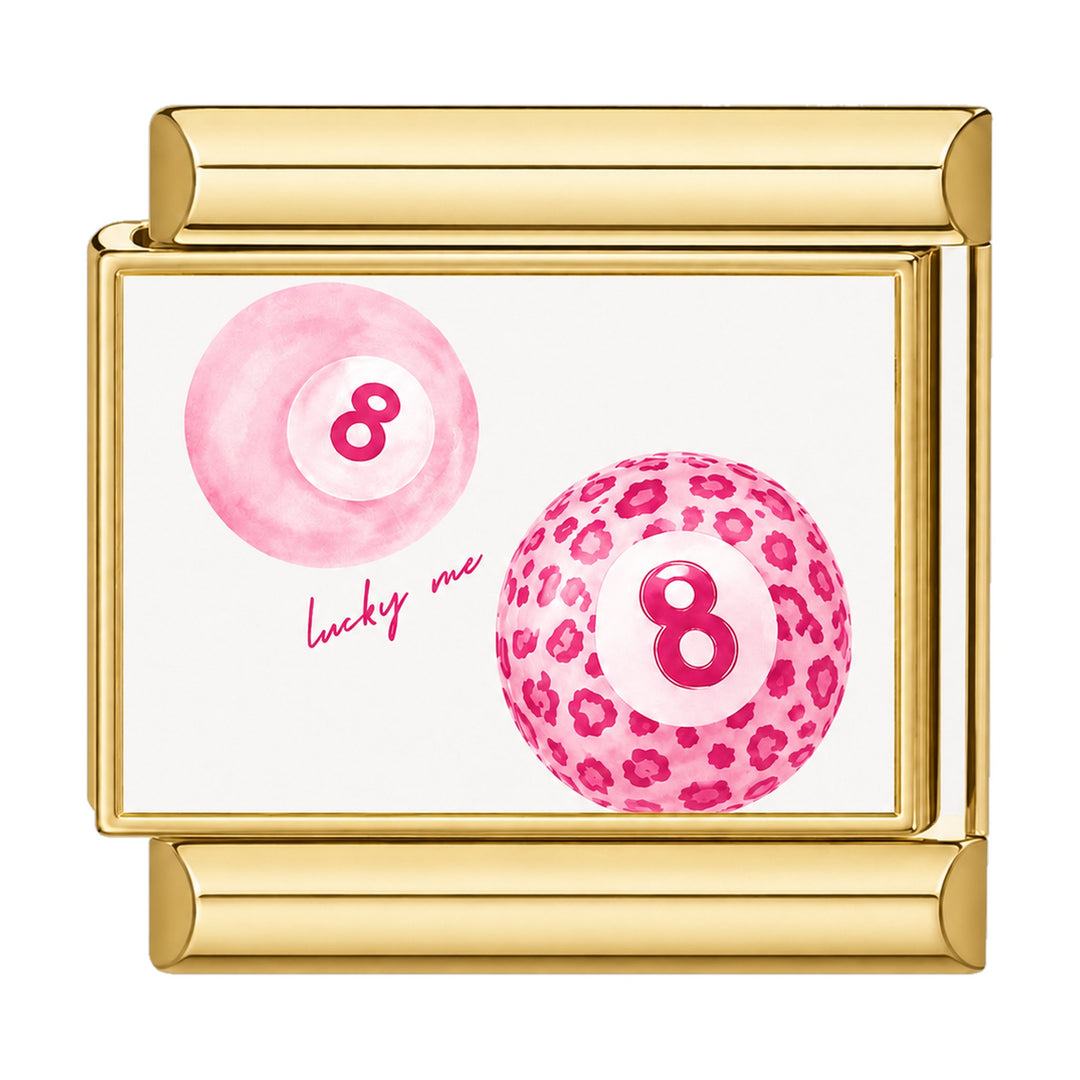 Charm maillon doré deux boules de billard numéro 8 roses et léopard, texte lucky me, acier inoxydable, bracelet charm italien
