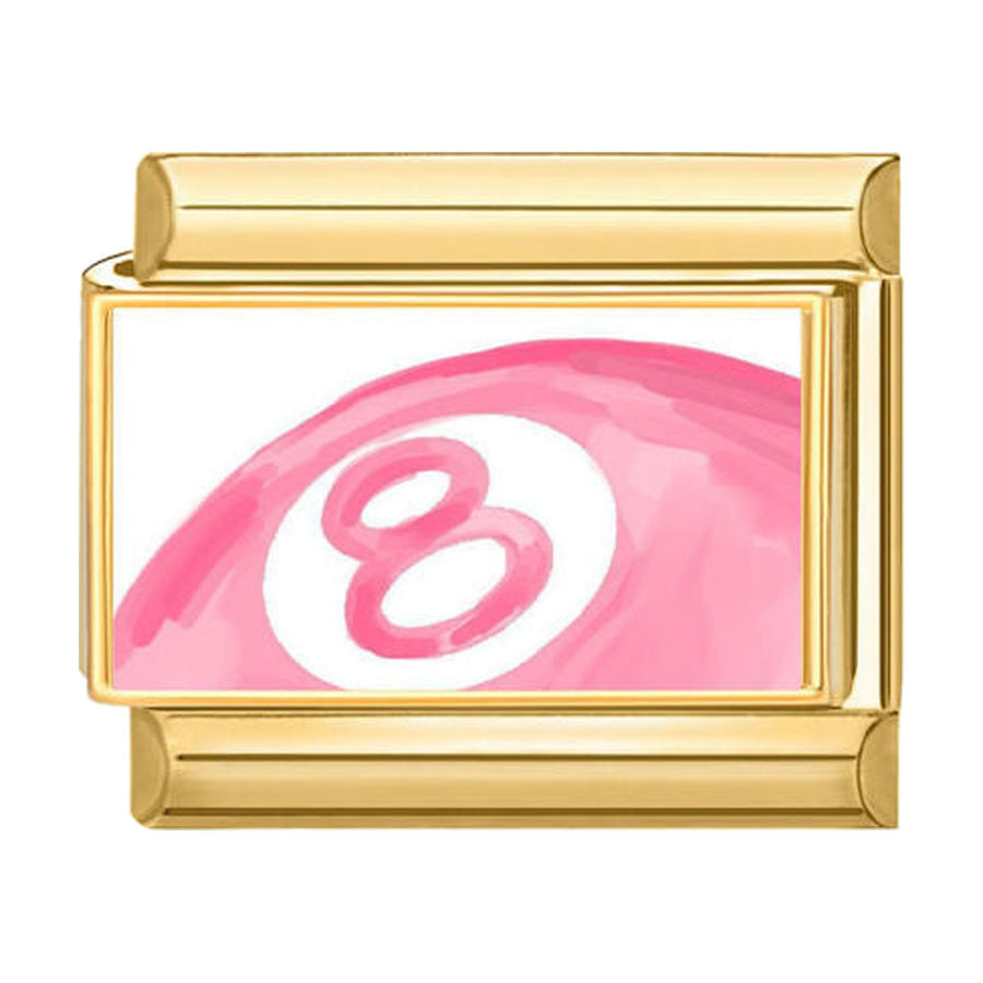 Charm maillon doré boule de billard numéro 8 rose en émail, acier inoxydable, bracelet charm italien