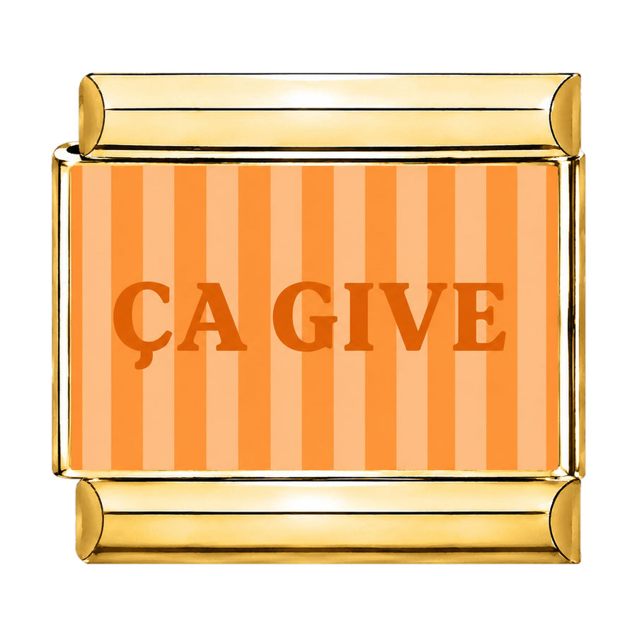 Charm maillon doré message ÇA GIVE sur fond rayé orange, acier inoxydable, bracelet charm italien