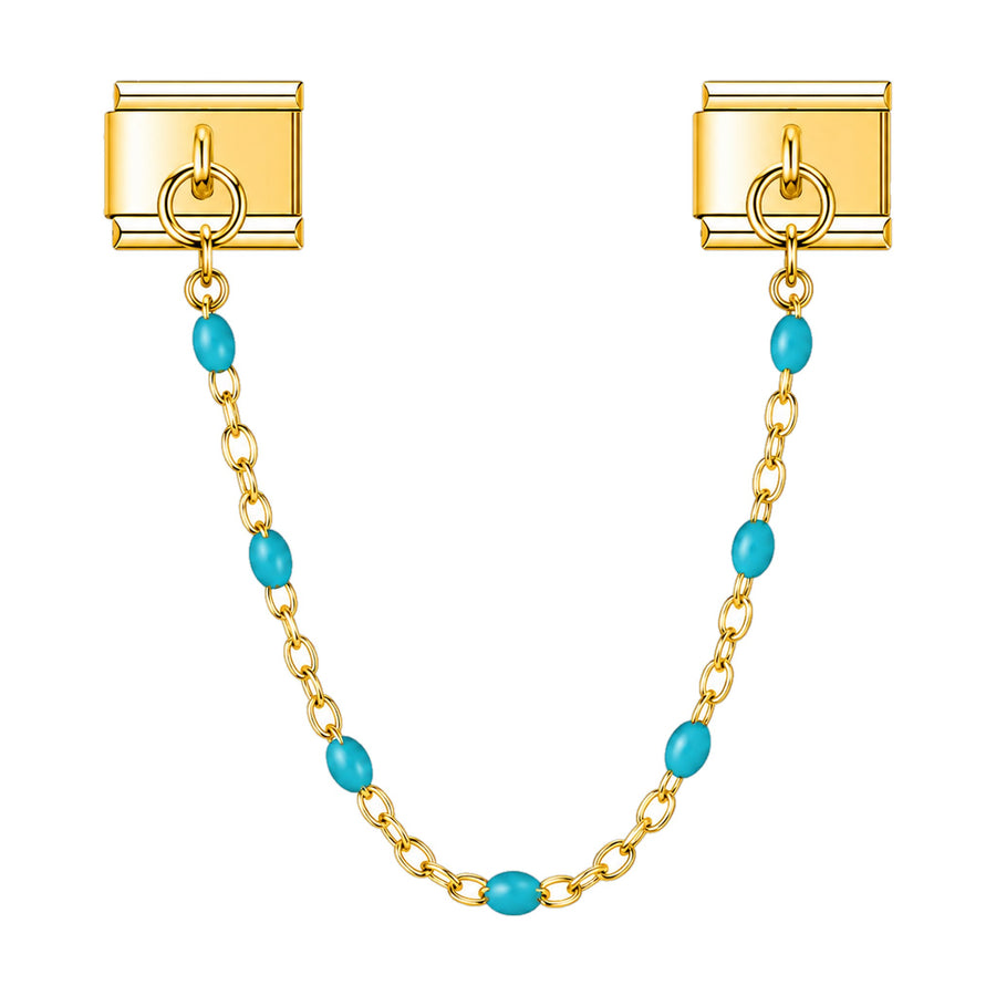 Charm chaîne fine dorée à perles émaillées turquoise reliant deux maillons, acier inoxydable, bracelet charm italien