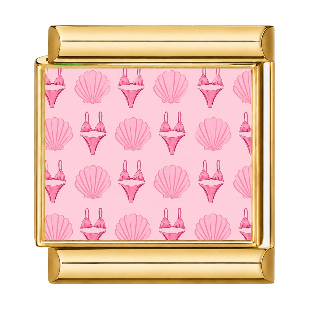 Charm maillon doré motif bikinis et coquillages roses sur fond rose, acier inoxydable, bracelet charm italien