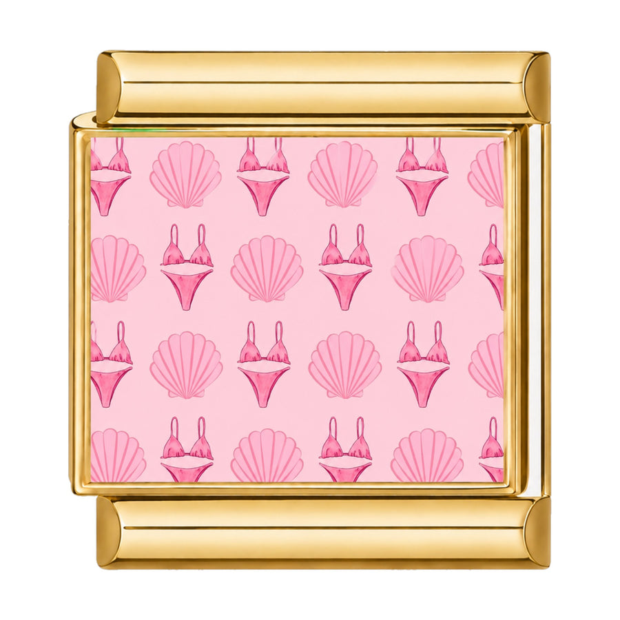 Charm maillon doré motif bikinis et coquillages roses sur fond rose, acier inoxydable, bracelet charm italien