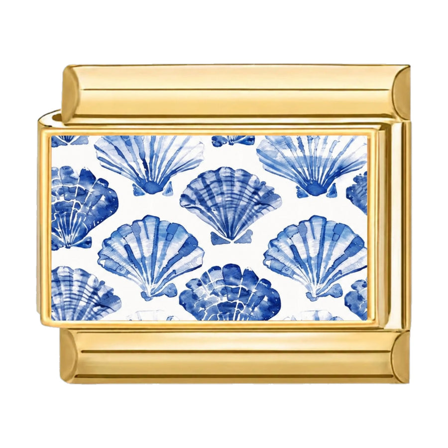 Charm maillon doré motif de coquillages bleus sur fond blanc, acier inoxydable, bracelet charm italien