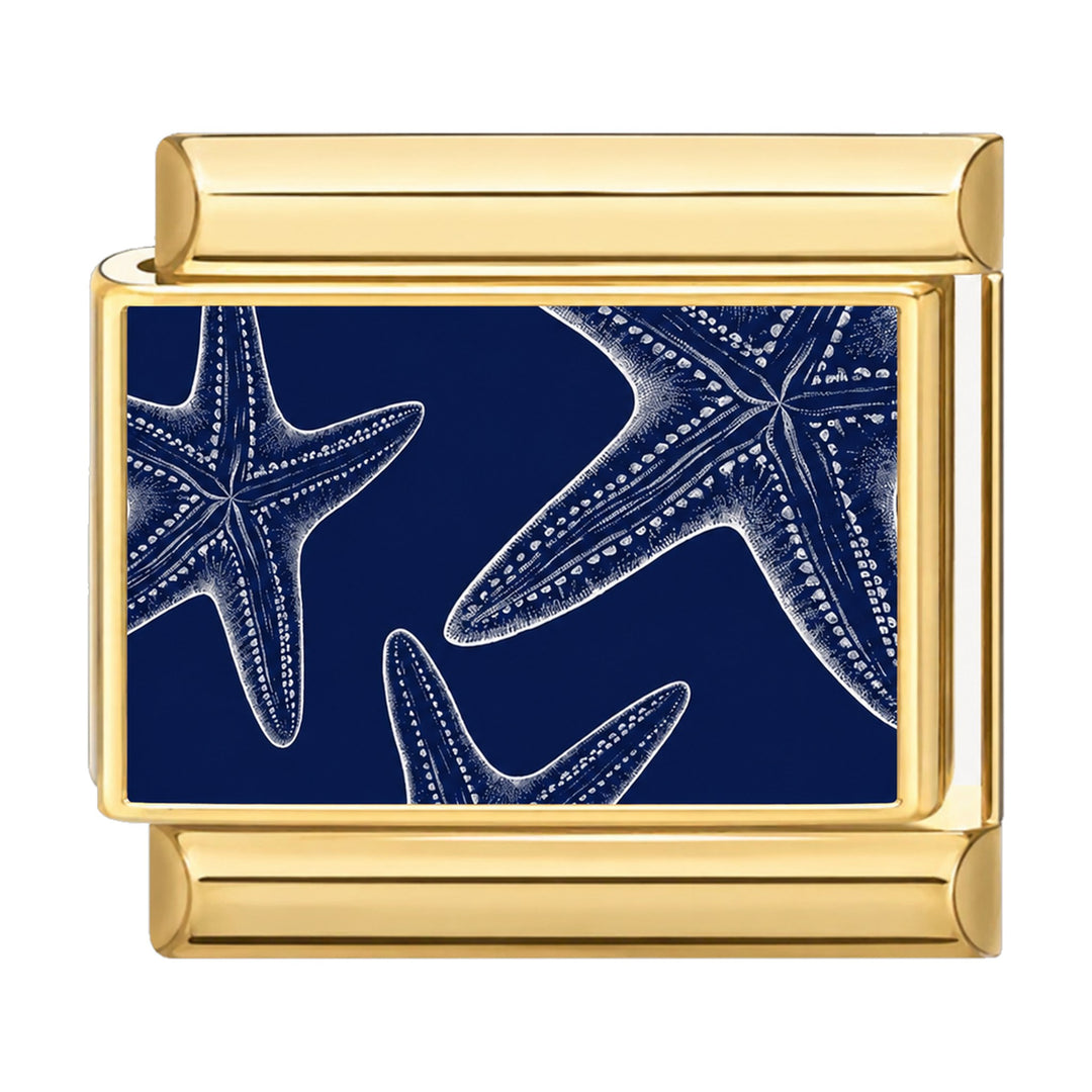 Charm maillon doré motif d'étoiles de mer blanches sur fond bleu marine, acier inoxydable, bracelet charm italien