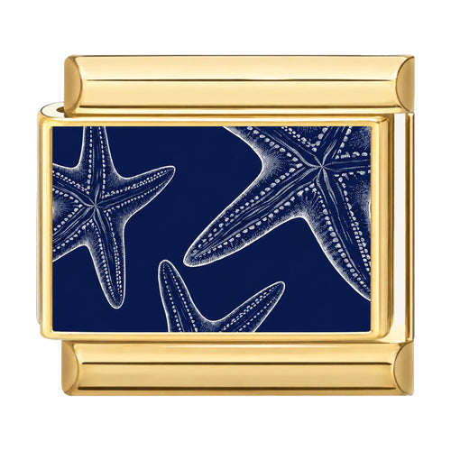 Charm maillon doré motif d'étoiles de mer blanches sur fond bleu marine, acier inoxydable, bracelet charm italien