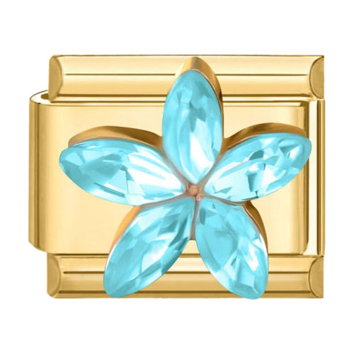 Charm maillon doré fleur à cinq pétales en cristal turquoise, acier inoxydable, bracelet charm italien