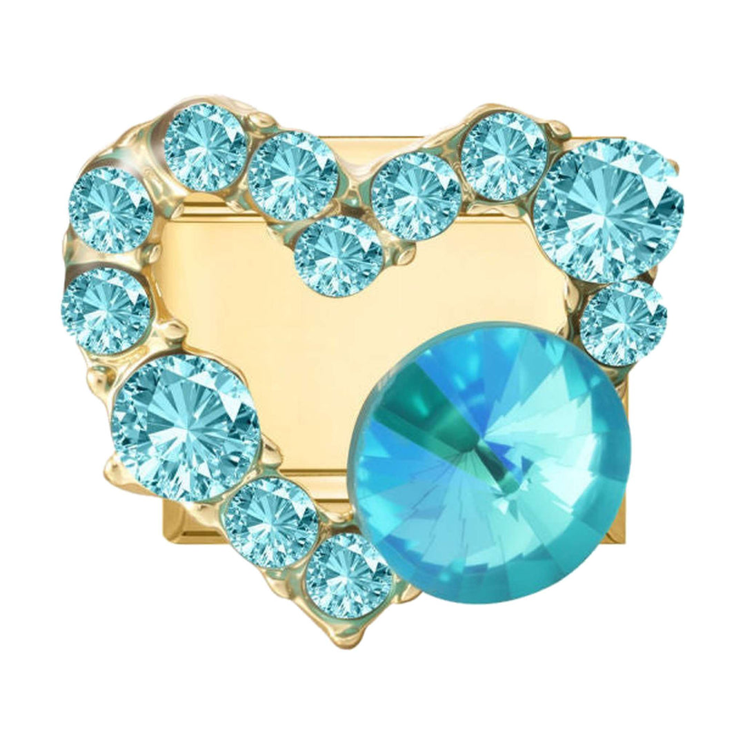 Charm maillon doré grand cœur pavé de cristaux turquoise et pierre ronde, acier inoxydable, bracelet charm italien