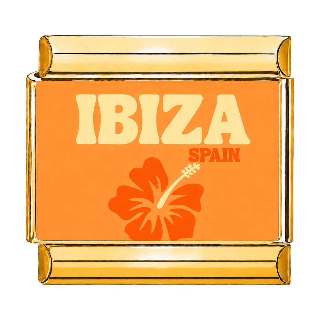 Charm maillon doré motif Ibiza sur fond orange, acier inoxydable, bracelet charm italien
