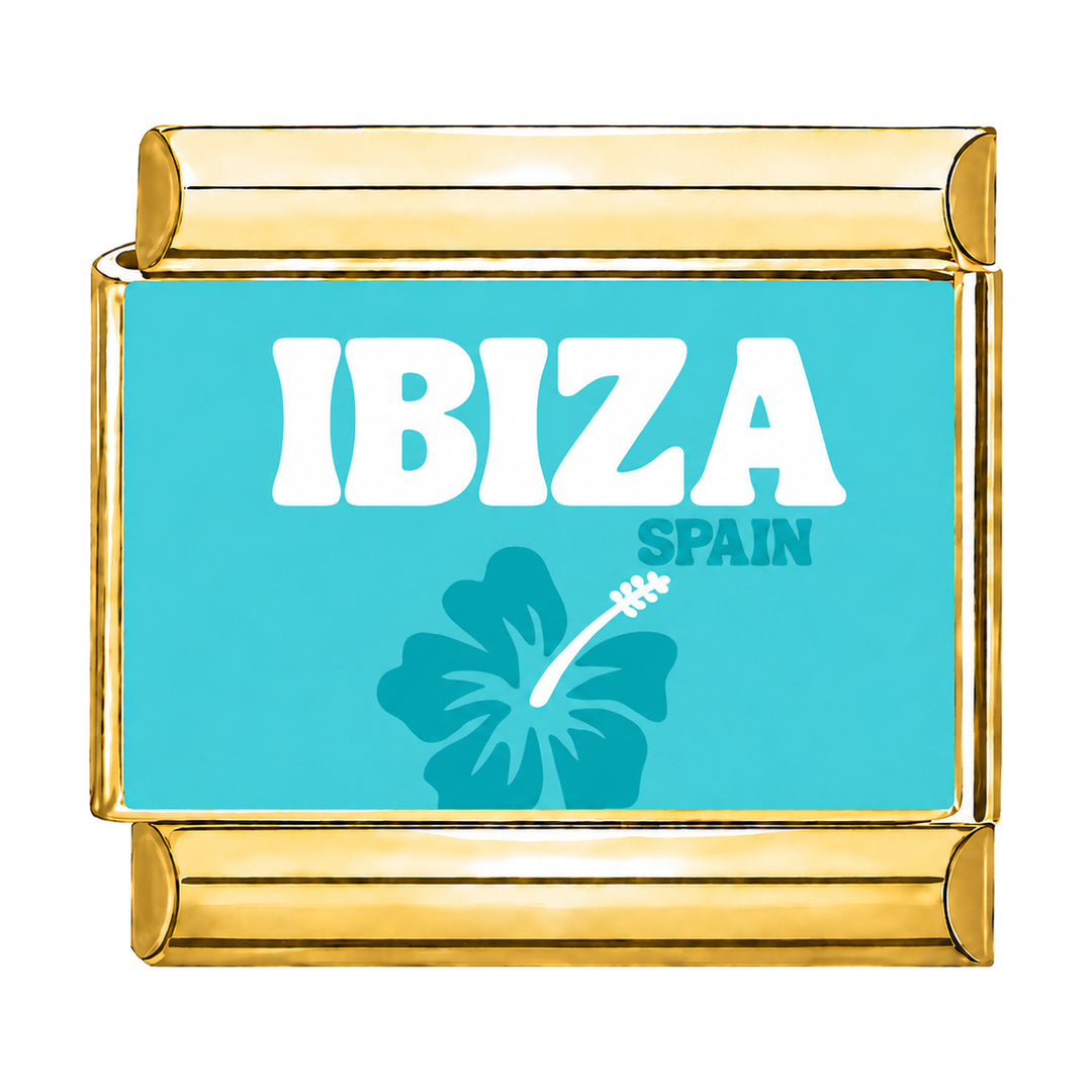 Charm maillon doré motif Ibiza sur fond turquoise, acier inoxydable, bracelet charm italien