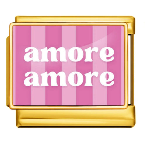 Charm Amore Amore fond rose rayé texte blanc contour doré en acier inoxydable pour bracelet charm italien