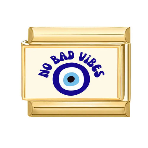 Charm No Bad Vibes fond blanc crème bordure dorée motif œil mauvais bleu acier inoxydable bracelet charm italien