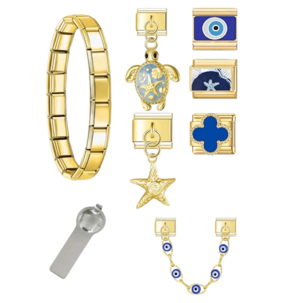 Bracelet charm Athena doré avec tortue de mer émail bleu, étoile de mer dorée, oeil nazar et trèfle bleu roi — acier inoxydable, bracelet charm italien