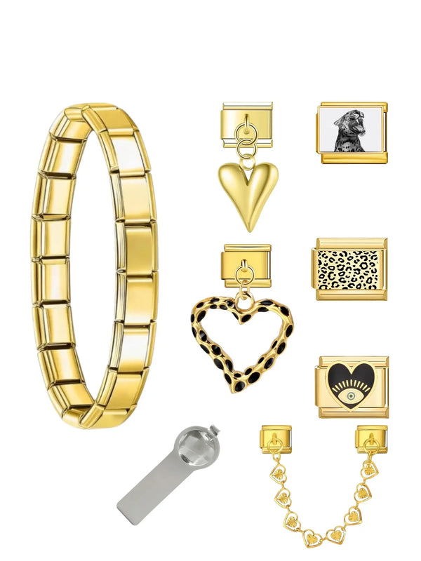 Pack Sauvage offert : bracelet charm doré en acier inoxydable avec charms léopard coeur contour, coeur plein doré, charm panthère noir et blanc, motif animal print, evil eye et chaîne de coeurs — bracelet charm italien