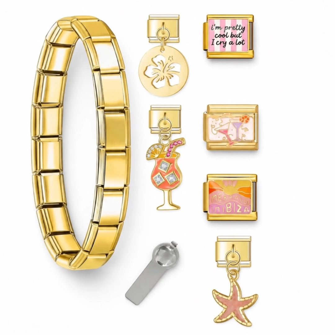 Bracelet charm doré en acier inoxydable avec charms hibiscus, cocktail tropical orné de strass, étoile de mer rose et modules Mermaid in Ibiza, bracelet charm italien