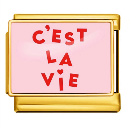 Charm C'est la Vie maillon doré fond rose pâle lettres rouges acier inoxydable bracelet charm italien
