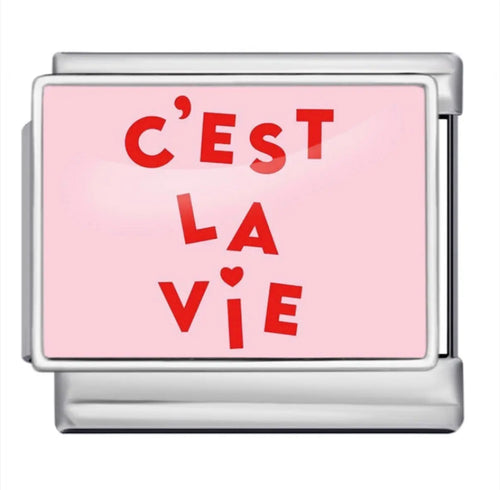 Charm C'est la Vie fond rose poudré lettres rouges petit cœur acier inoxydable bracelet charm italien