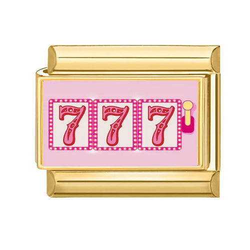 Charm triple 7 casino maillon doré fond rose motif machine à sous acier inoxydable bracelet charm italien