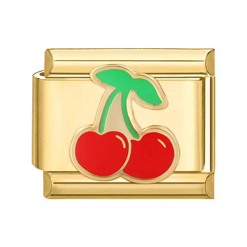 Charm cerise rouge émail rouge et vert sur maillon doré, acier inoxydable, bracelet charm italien