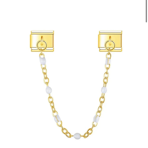 Charm pendentif double maillon doré avec chaîne et perles ovales émail blanc, acier inoxydable, bracelet charm italien