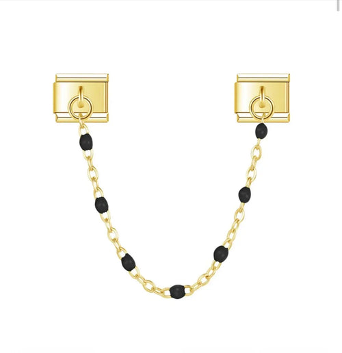 Charm pendentif double maillon doré avec chaîne perles noires en acier inoxydable, bracelet charm italien