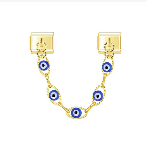 Chaîne dorée cinq maillons œil de Nazar émail bleu cobalt en acier inoxydable sur bracelet charm italien