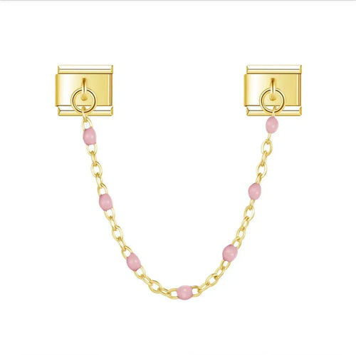 Charm pendentif double-maillon doré avec chaîne et perles roses en acier inoxydable pour bracelet charm italien