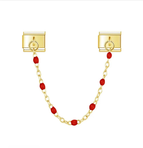 Charm double maillon doré avec chaîne perles émaillées rouge, acier inoxydable, bracelet charm italien