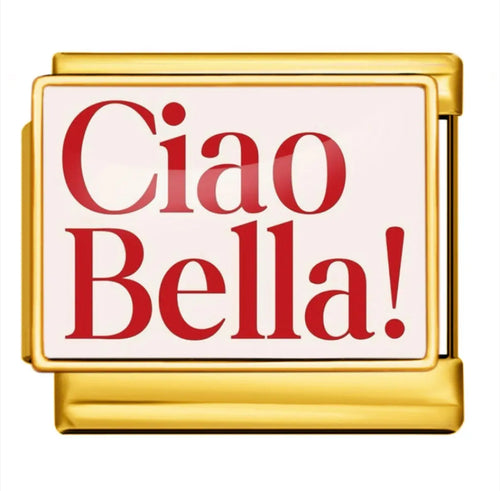 Charm Ciao Bella acier inoxydable doré fond blanc texte rouge vif bracelet charm italien